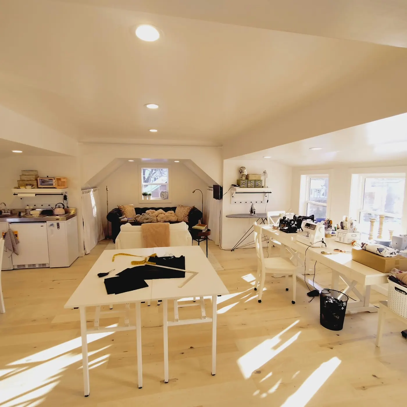 Finished sewing studio with new light wood flooring