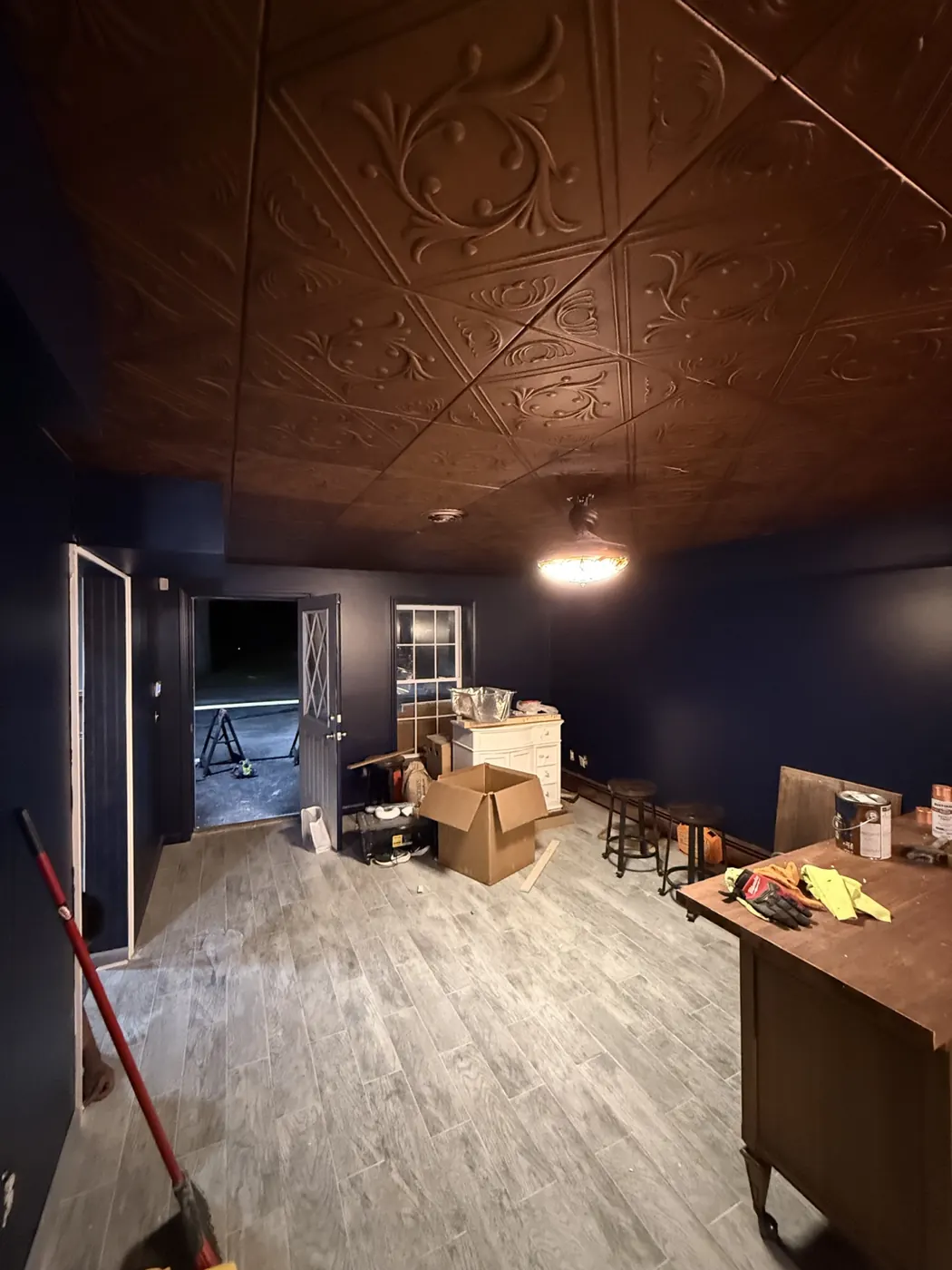 Finishing work in the basement bar space