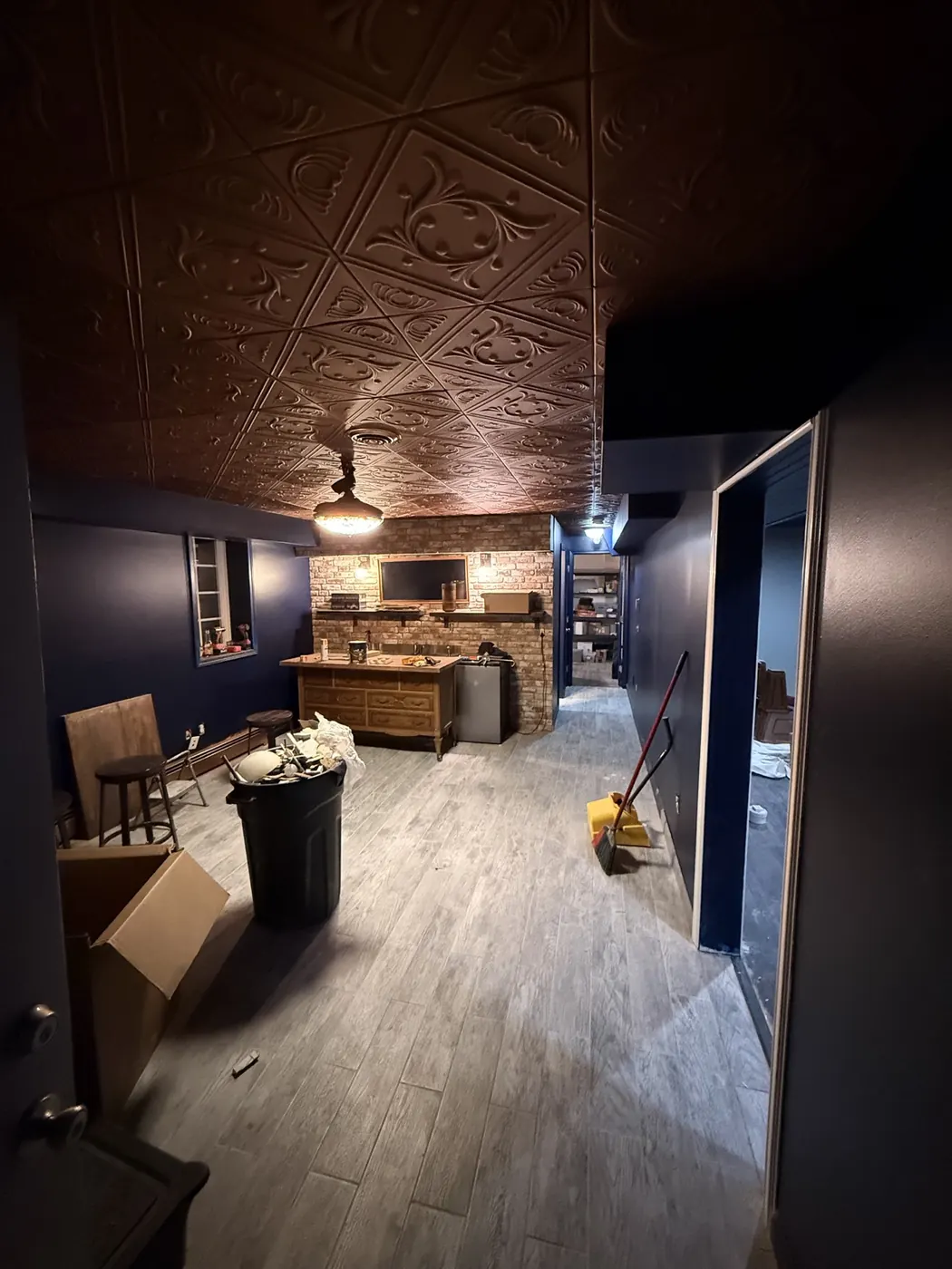 Decorative ceiling and bar area nearing completion