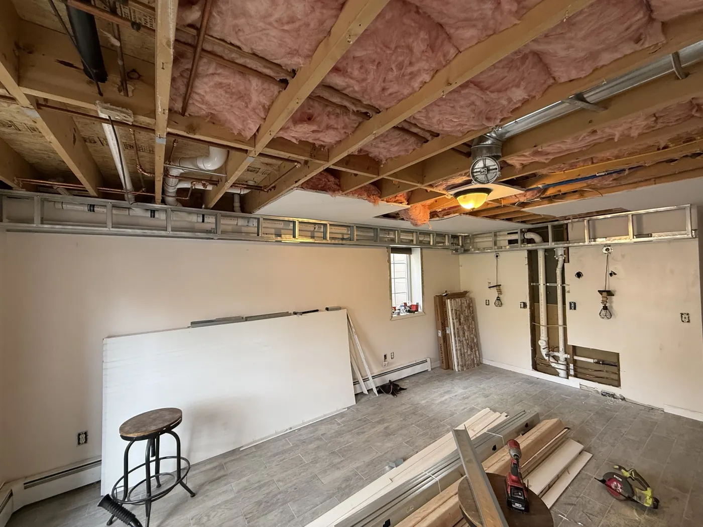 Basement bar renovation during early construction