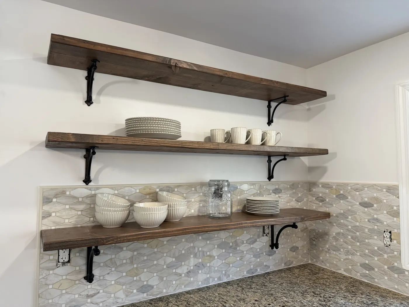 Finished open shelving and backsplash detail