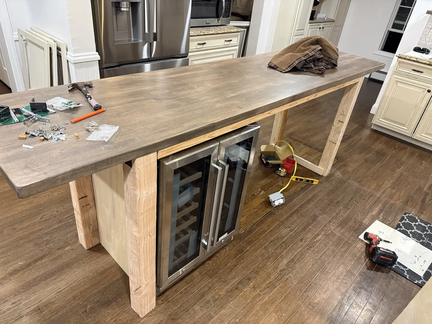 Kitchen island cabinetry during installation